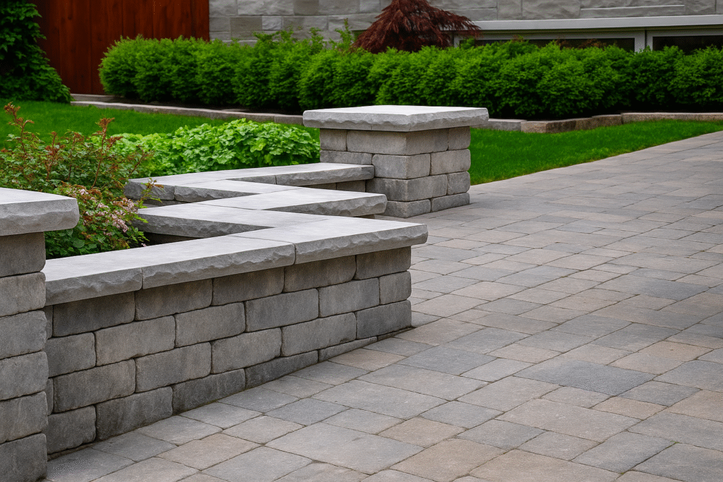 Naccarato Landscaping Gulf Coast shows a tidy walkway bordered by stone walls in a well-kept, green garden setting.