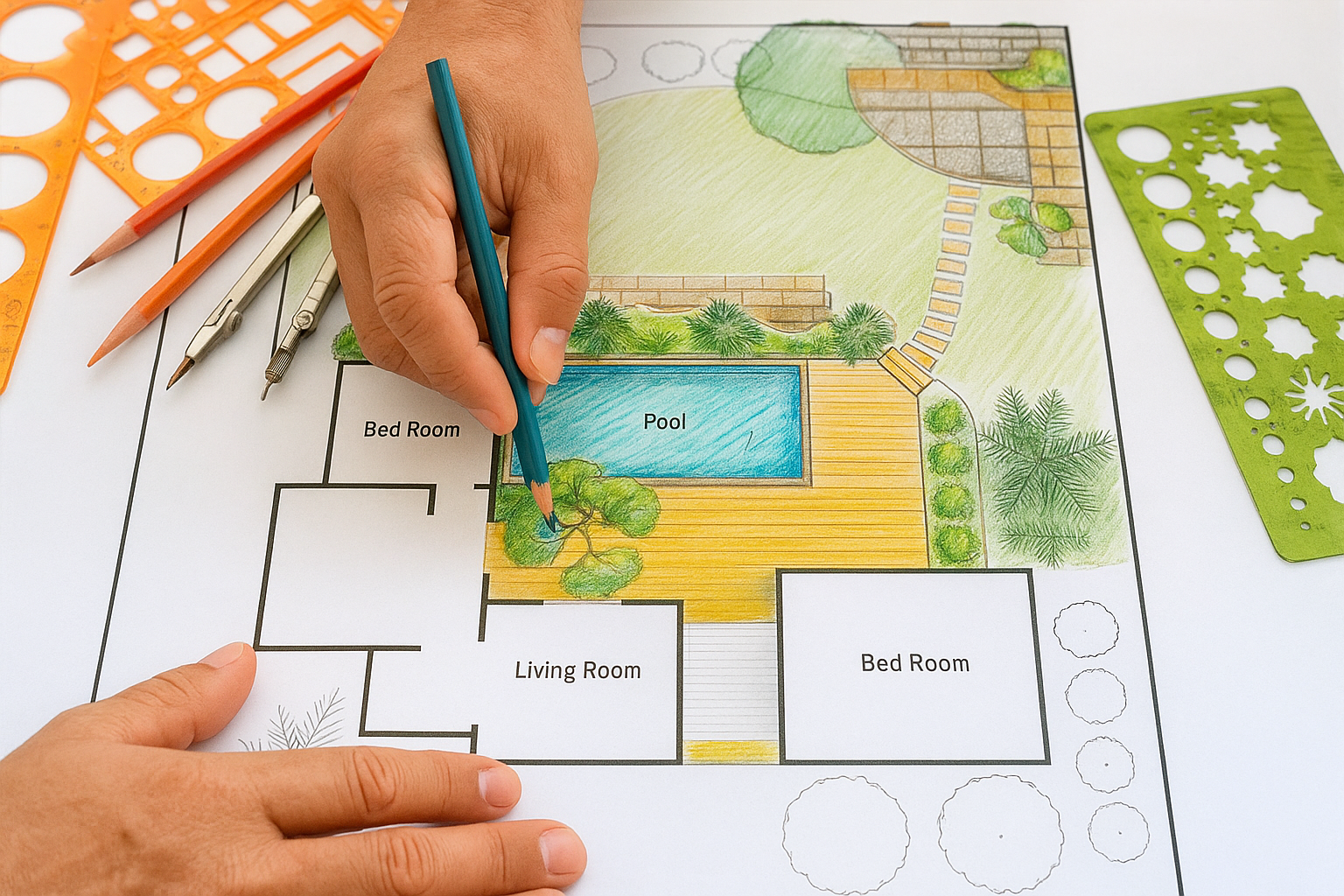 Someone plans a home and yard design, showing Naccarato Landscaping Gulf Coast helps create outdoor living spaces.